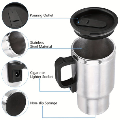 12V Car Electric Heating Travel Mug 450ml, Stainless Steel Car Electric Kettle with Cigarette Lighter Plug, 65°C Keep Warm Coffee Mug Heater for Road Trip Camping