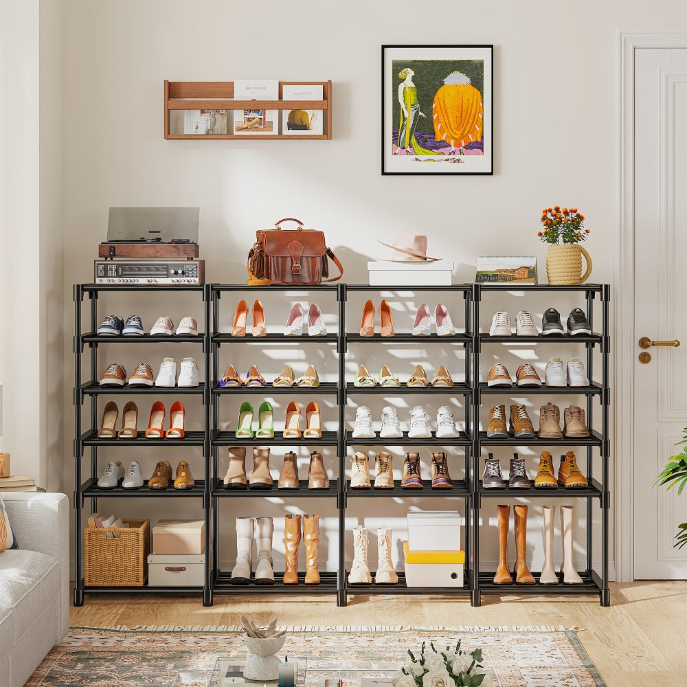 Large Metal Shoe Rack 4-Row 9-Tier Freestanding Shoe Organizer for Entryway Bedroom Hallway | 64-Pair Capacity Shoe Tower with Golden Tubes DIY Adjustable Shelves Space-Saving Vertical Shoe Storage