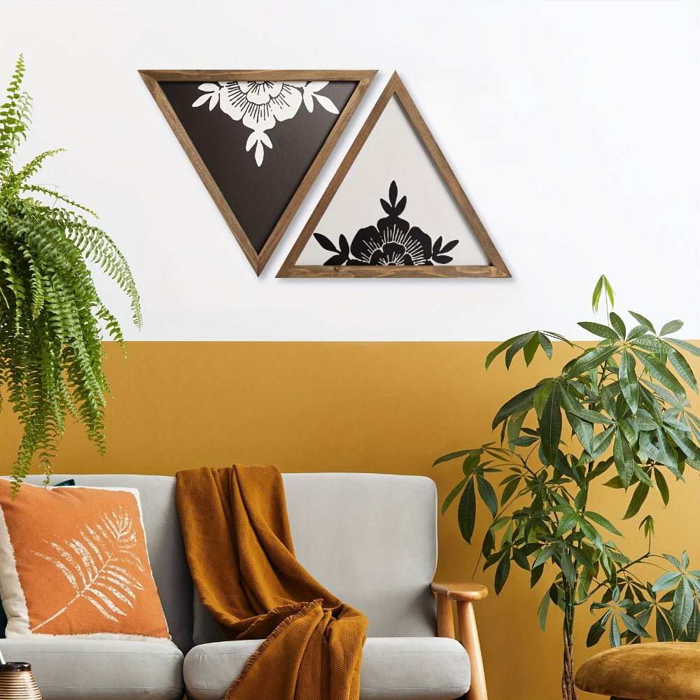 Boho Floral Wall Art Framed – Wooden Botanical Wall Decor with Black & White Geometric Triangles, Vintage Boho Style for Bedroom, Bathroom & Living Room Home Decoration