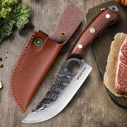 Chef Knife Set Stainless Steel, Professional Kitchen Knife Set with Boning Knife & Utility Knife, Viking BBQ Knife with Hammered Blade & Wood Handle, Multipurpose Cooking Knives for Meat Fish Vegetable
