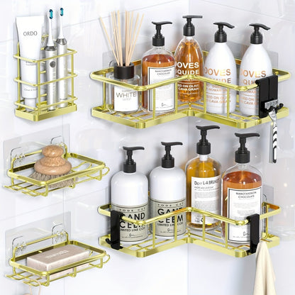 Corner Shower Caddy 5 Pack with Soap Holder & 4 Removable Hooks – Rustproof No Drill Shower Shelf Organizer for Inside Shower