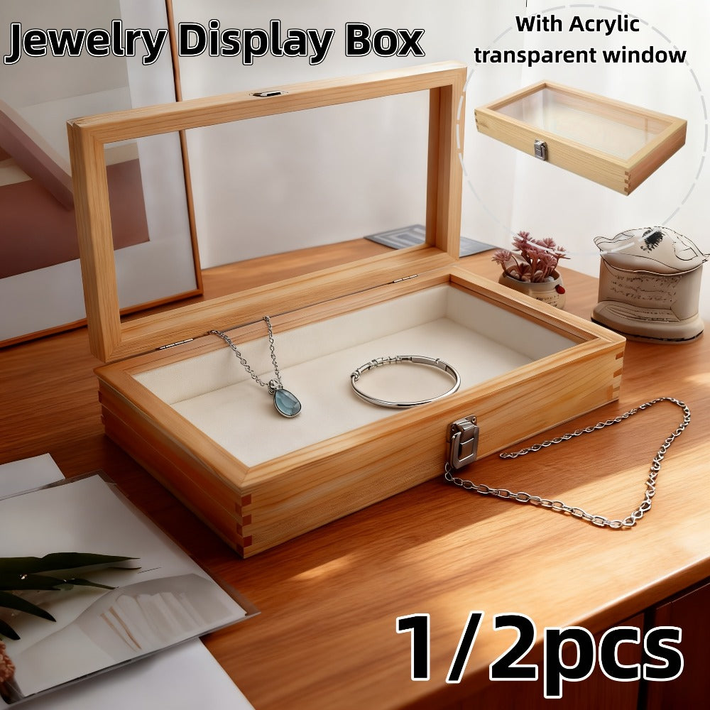 Lockable Wooden Display Storage Box with Acrylic Window – Jewelry & Collectibles Organizer Drawer Box, Elegant Wood Finish, Clear Viewing Panel, Gift Box