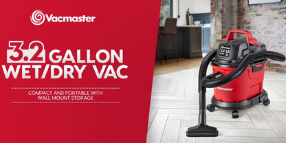 Wall Mount Wet Dry Vacuum 3.2 Gallon 2.5 Peak HP, Space-Saving Shop Vac with Cloth Filter for Wet Spills & Dry Debris, Garage Workshop & Home Cleaning Vacuum