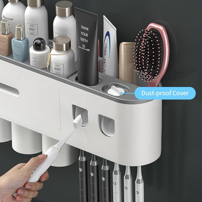 Wall Mounted Toothbrush Holder with Automatic Toothpaste Dispenser - 3 Cups Bathroom Organizer, Space-Saving Toothbrush Cup Holder for Family, Black & Gray