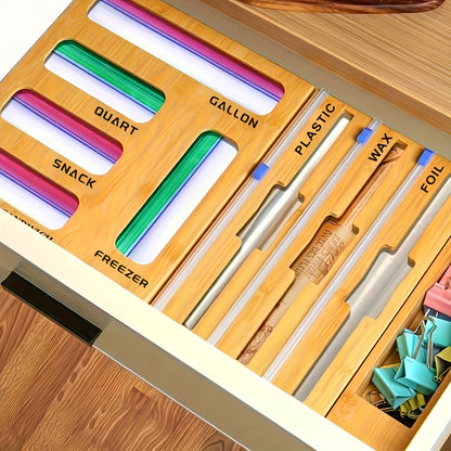 Bag Organizer Box 9-in-1 Kitchen Wrap & Foil Drawer Organizer, Compatible with Gallon Quart Sandwich Snack Bags, Easy to Use and Clean, Space-Saving Kitchen Storage Solution