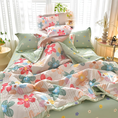 Quilt Set 3 Piece Summer Cooling – Floral Printed Thin Comforter with 2 Pillowcases, Soft Skin-Friendly Bedding for Twin Full Queen King, All Season Lightweight Blanket for Bedroom Hotel Guest Room