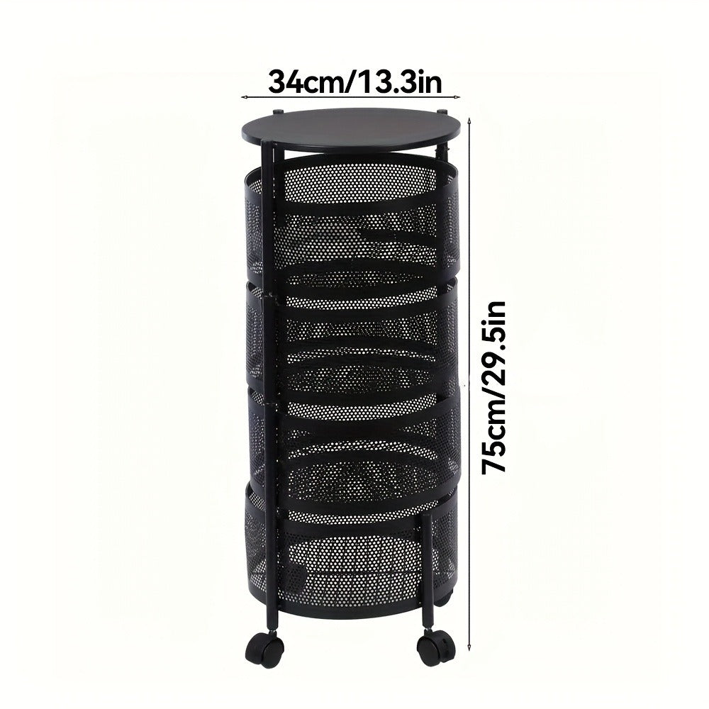 Rotating Storage Rack Multi-Tier Rolling Cart – 360° Swivel Round Floor Standing Organizer with 4 or 5 Layers, Vegetable Basket & File Rack for Kitchen, Bathroom, Office & Living Room (Black / White)