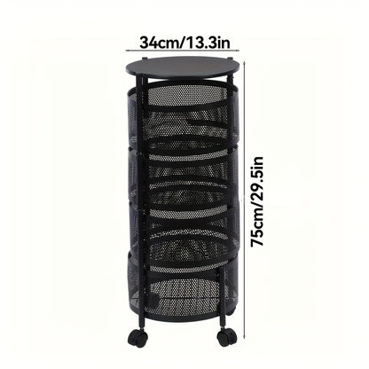 Rotating Storage Rack Multi-Tier Rolling Cart – 360° Swivel Round Floor Standing Organizer with 4 or 5 Layers, Vegetable Basket & File Rack for Kitchen, Bathroom, Office & Living Room (Black / White)