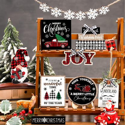 Tiered Tray Decor Set 15/20pcs Winter Christmas Farmhouse Wooden Signs - Buffalo Check Snowflakes Trees Dwarfs Trucks Valentine Easter Holiday Table Display Decorations