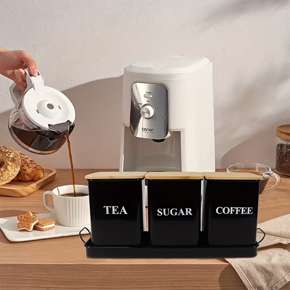 3-Piece Metal Kitchen Canister Set with Wooden Lids – Coffee Tea Sugar Storage Jars, Airtight Kitchen Organizer Tins, Black or White Home Decor Gift Set