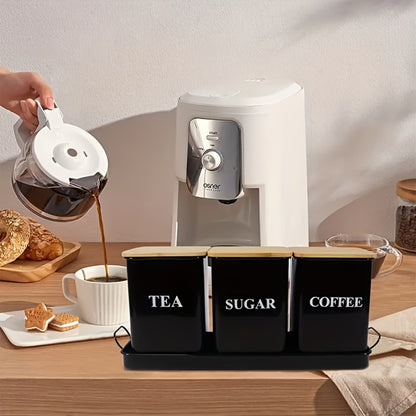3-Piece Metal Kitchen Canister Set with Wooden Lids – Coffee Tea Sugar Storage Jars, Airtight Kitchen Organizer Tins, Black or White Home Decor Gift Set