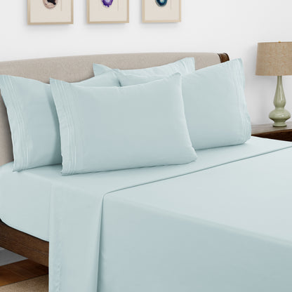 Bed Sheets Set 6 Piece - Soft Brushed Microfiber Fitted Sheet with 16" Deep Pocket, Flat Sheet & Embroidered Pillowcases, Hotel Luxury Cooling Bedding, All Seasons, 20 Colors