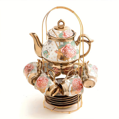 Floral Ceramic Tea Set 20 Pcs – European Porcelain Tea Cups & Saucers with Metal Holder & 15 Oz Teapot – Luxury Arabic Coffee Cup Set for Espresso, Cappuccino & Afternoon Tea – Elegant Gift