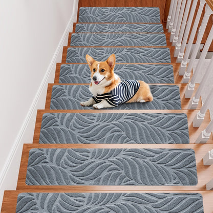 Non-Slip Stair Treads 15pcs 8"x30" Self-Adhesive Carpet Pads for Wooden Steps – Washable Polyester Indoor Stair Mats for Safety, Anti-Slip Step Covers in Multiple Colors