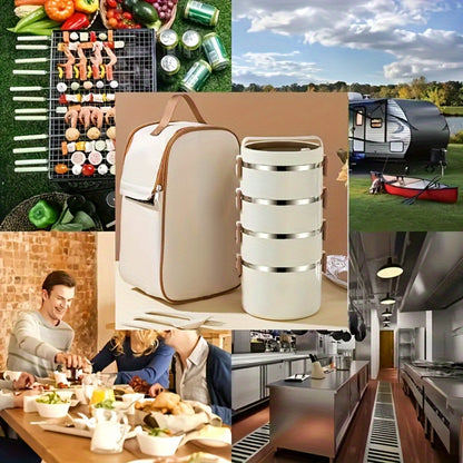 4 Layer Stainless Steel Lunch Box with Lid - Large Capacity Stackable Bento Box Set with Carry Bag and Cutlery for Camping Picnic School Office and Outdoor Adventures, Portable Reusable Food Storage Container