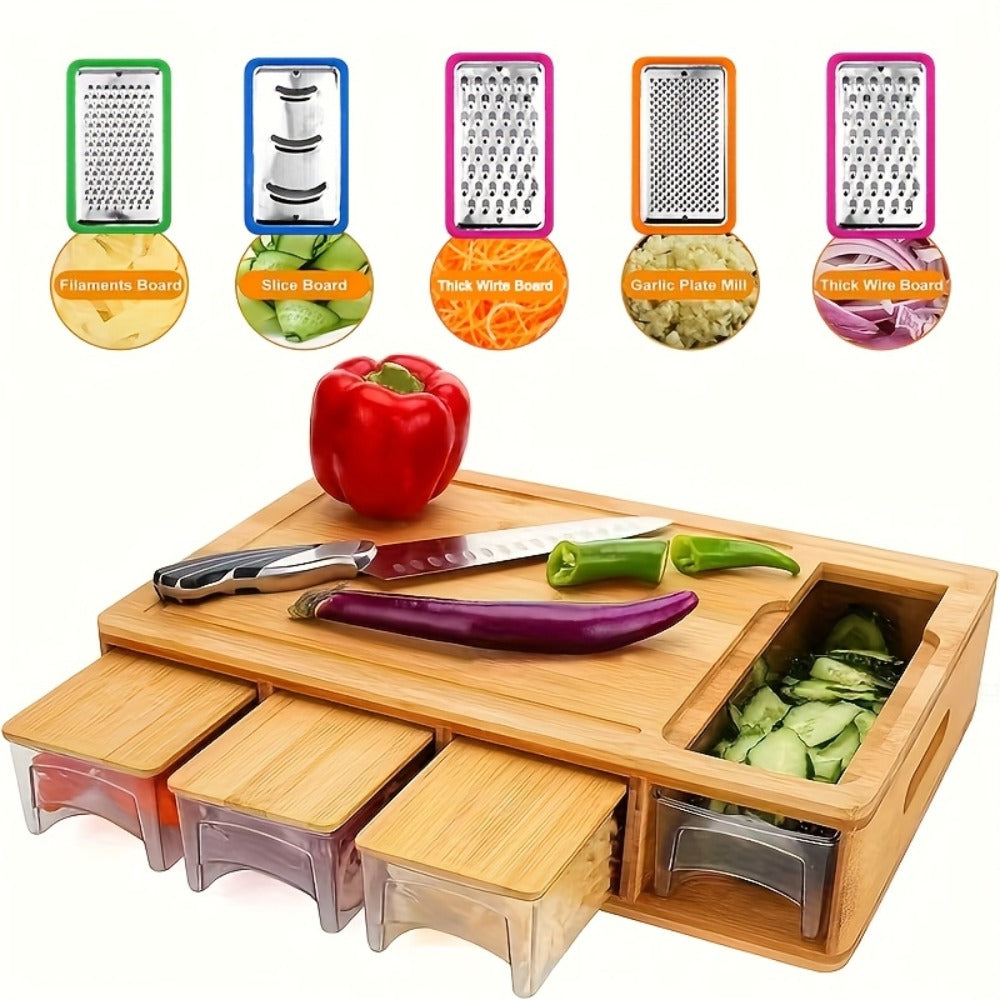 Bamboo Cutting Board with Drawer & Food Container Juice Tank Cheese Shredder Carving Board with Easy Handgrip for Vegetables, Meat & Cheese – Kitchen Chopping Board with Storage