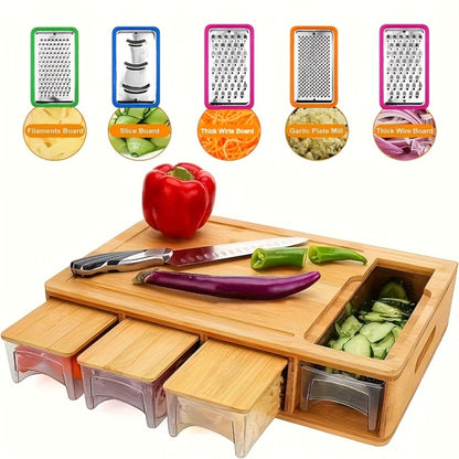 Bamboo Cutting Board with Drawer & Food Container Juice Tank Cheese Shredder Carving Board with Easy Handgrip for Vegetables, Meat & Cheese – Kitchen Chopping Board with Storage
