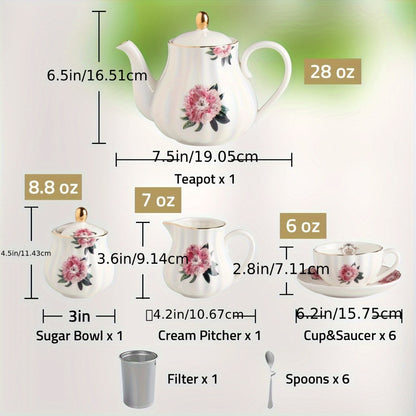 Porcelain Tea Set Service for 6 British Royal Floral Design with Teapot Sugar Bowl Cream Pitcher Teaspoons Tea Strainer 8oz Cups Saucers for High Tea Wedding Party Gift