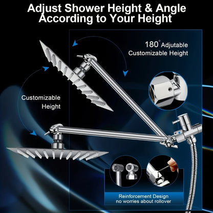 High Pressure Rainfall Shower Head Combo with Handheld Spray – 9 Spray Settings, 180° Adjustable Bracket, Stainless Steel Hose, Anti-Clog Nozzles, Modern Bathroom Shower System