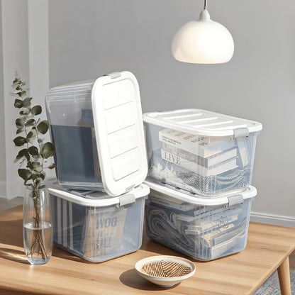 Stackable Storage Bins with Lids 4 Pack Clear Plastic Lidded Containers 46QT Large Organizer Boxes for Pantry Kitchen Bathroom Office Bedroom Closet Garage Seasonal Holiday Storage