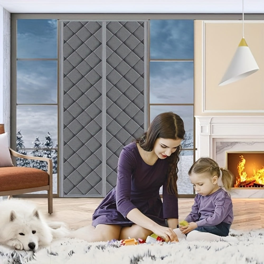 Thermal Insulated Door Curtain Magnetic Closure Knit Plaid Pattern – Windproof Insulation Blanket for Front Door, Sliding Glass, Patio & French Doors, Keep Cold Out, Grey & Brown, Multiple Sizes