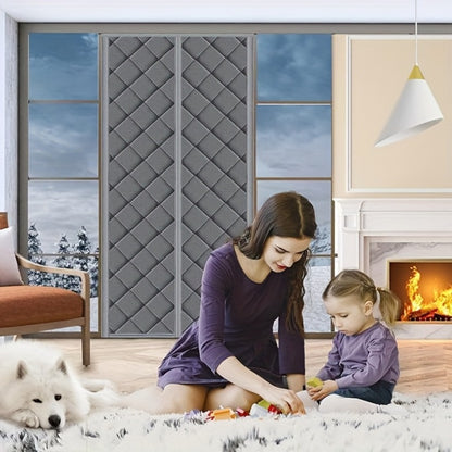 Thermal Insulated Door Curtain Magnetic Closure Knit Plaid Pattern – Windproof Insulation Blanket for Front Door, Sliding Glass, Patio & French Doors, Keep Cold Out, Grey & Brown, Multiple Sizes