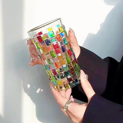 Hand-Painted Drinking Glasses Set – Colorful Square Lattice Woven Handcrafted Glass for Water, Juice, Whiskey & Beer – Artistic Decorative Glassware for Home Bar & Entertaining – 2pc or 4pc