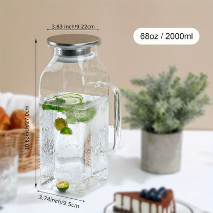 Glass Pitcher with Lid & Handle 2L 68oz – Square Borosilicate Water Jug, Heat Resistant Carafe for Fridge, Iced Tea, Coffee & Cold Drinks – 2 or 4 Pack with Optional 16oz Cups