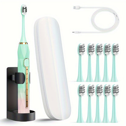 Sonic Electric Toothbrush IPX8 Waterproof USB Rechargeable with 10 Replacement Heads, Intelligent Timer, Travel Case & Charging Base – 5 Colors for Men & Women