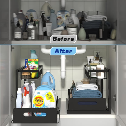 Under Sink Organizer with Sliding Pull-Out Shelf – 2-Tier Metal Cabinet Storage Rack for Kitchen, Bathroom, Pantry & Closet Organization, 1-Pack or 2-Pack