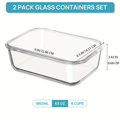 Glass Food Storage Containers with Lids 2 Pack – 63oz Large Airtight Snap Lock Meal Prep Containers, Leak Proof Glass Dish with Lid for Oven, Microwave & Refrigerator, Food Transport Tubs