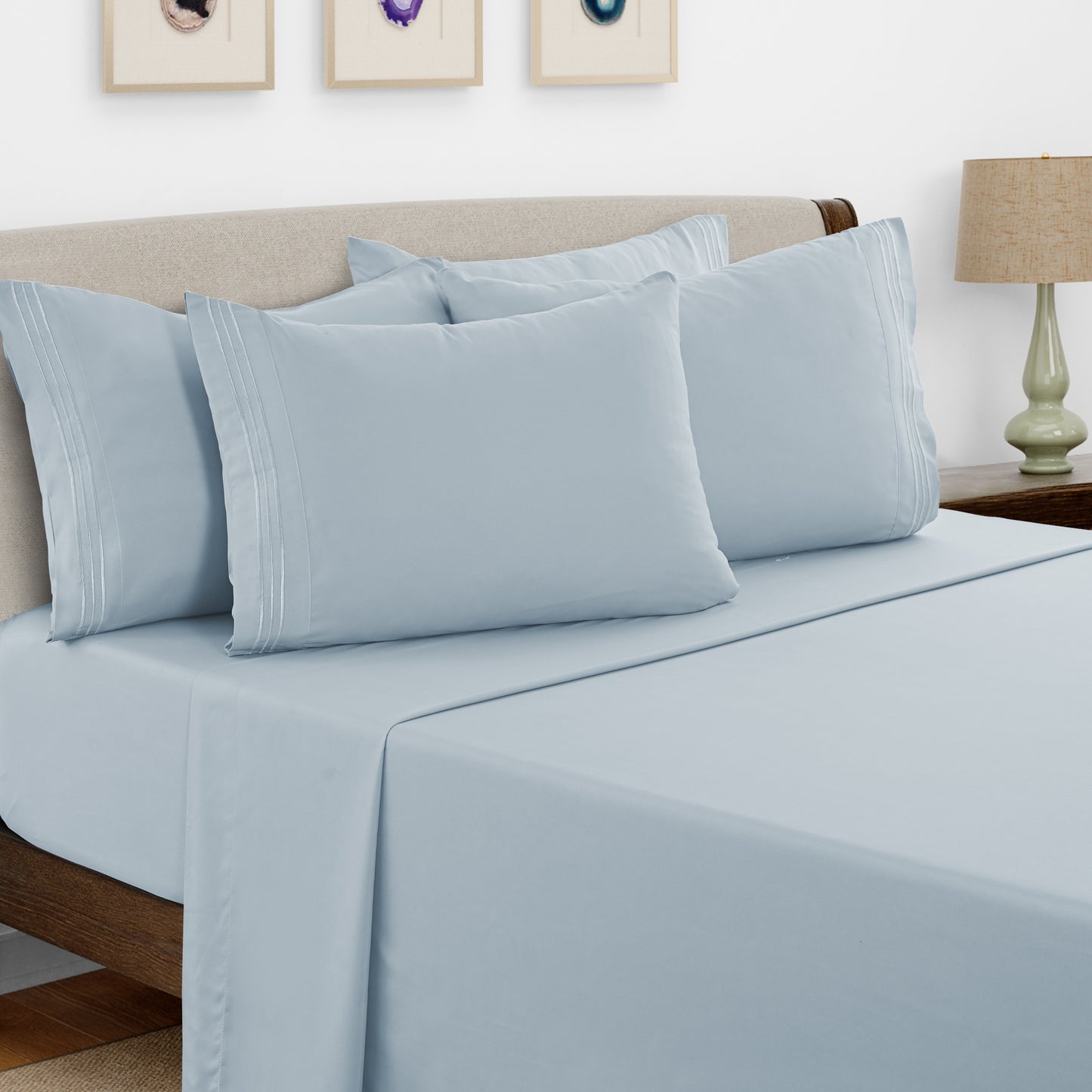 Bed Sheets Set 6 Piece - Soft Brushed Microfiber Fitted Sheet with 16" Deep Pocket, Flat Sheet & Embroidered Pillowcases, Hotel Luxury Cooling Bedding, All Seasons, 20 Colors