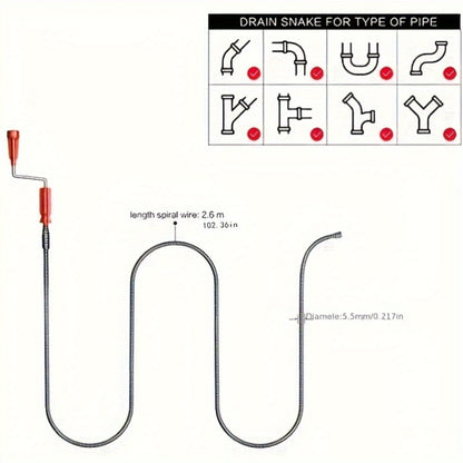 Drain Snake Pipe Cleaner – Flexible Drain Auger for Toilet, Sink, Shower & Sewer Clog Removal, Reusable Spring Wire Drain Unclogger