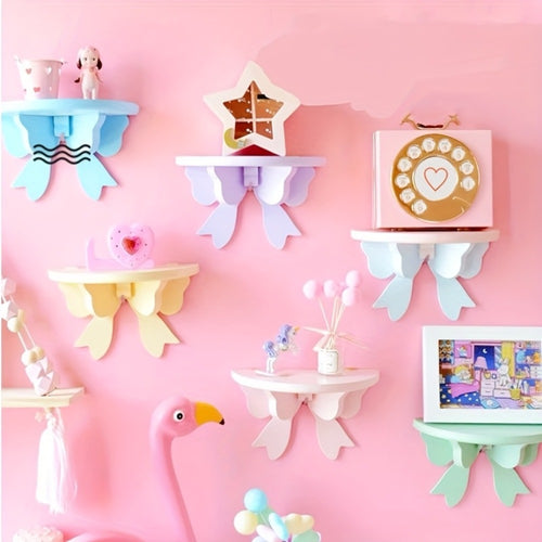 Floating Wooden Wall Shelf with Bow Design - Wall-Mounted Storage Rack for Bathroom Kitchen Living Room Bedroom Decor
