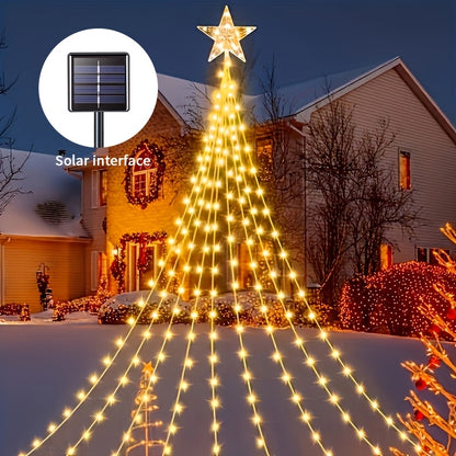 Christmas Tree Waterfall Fairy Lights 200 LED with Star Top Decoration, 8 Lighting Modes — Battery, Solar & USB Powered Indoor Outdoor Colorful Cascading Holiday Light Strip