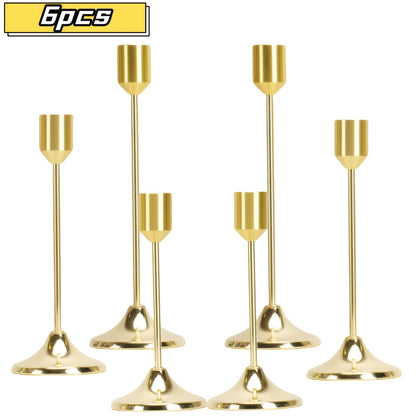 Gold Candle Holders Set of 6 – Cast Iron Single Stem Taper Candlestick Holders for Wedding Centerpieces, Candlelight Dinners, Christmas, Halloween, Thanksgiving & Anniversary Table Decor