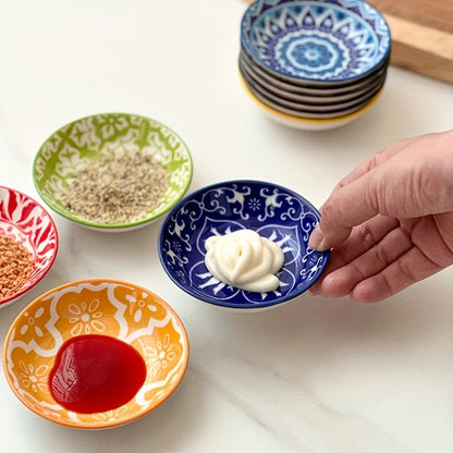 Ceramic Condiment Dish Set of 10 – Bohemian Small Saucer Dipping Bowls for Soy Sauce, Vinegar & Spices | Kitchen, Restaurant, Party, BBQ & Picnic Use | Machine Washable