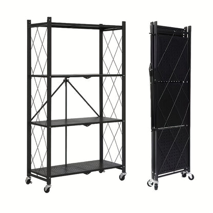 Rolling Storage Rack with Wheels 3 4 5 Tier Folding Shelving Unit No Assembly Required, Freestanding Metal Shelf Organizer for Kitchen Living Room Garage Office Basement, Black White
