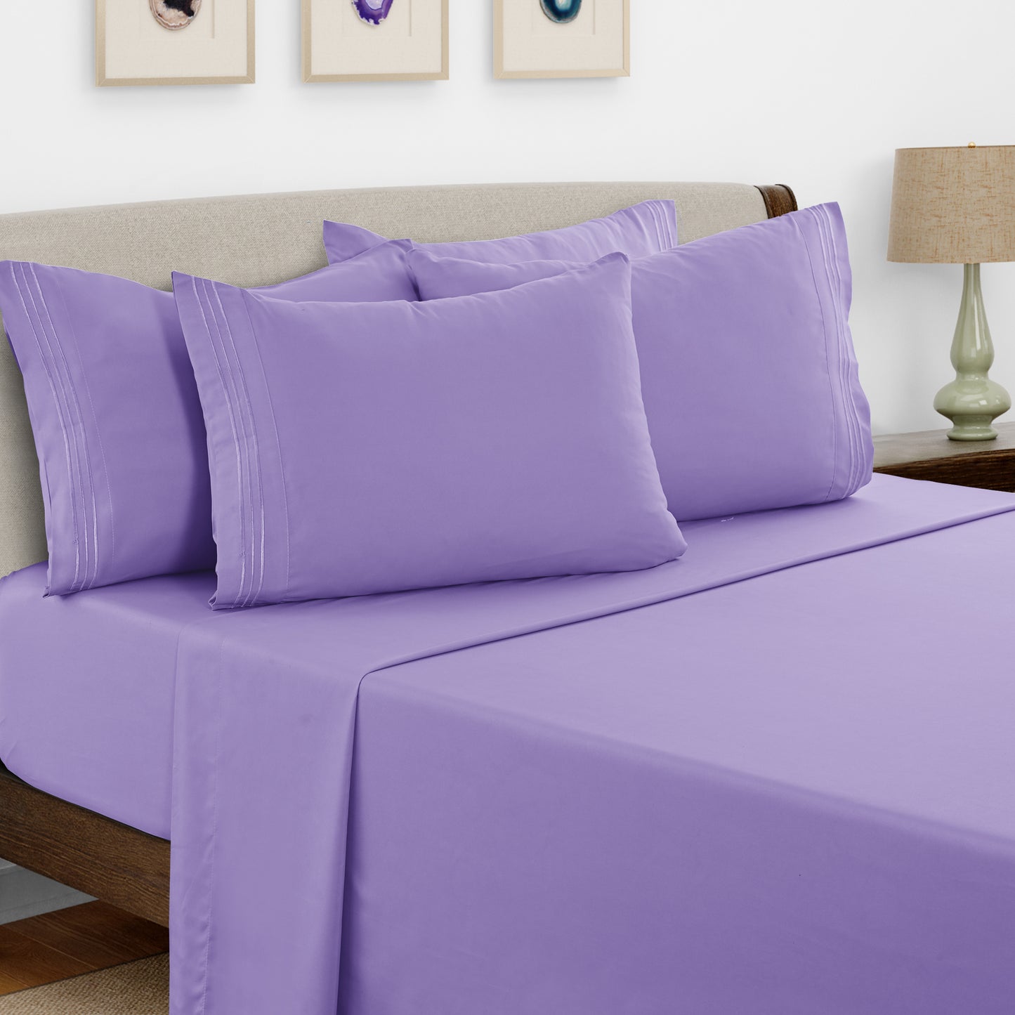 Bed Sheets Set 6 Piece - Soft Brushed Microfiber Fitted Sheet with 16" Deep Pocket, Flat Sheet & Embroidered Pillowcases, Hotel Luxury Cooling Bedding, All Seasons, 20 Colors