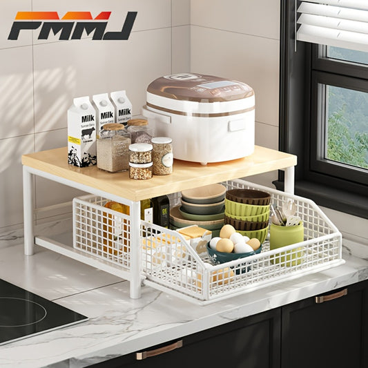 2-Tier Kitchen Countertop Organizer with Drawer & Wire Basket – Hardwood & Metal Storage Shelf for Coffee Maker, Utensils & Spices