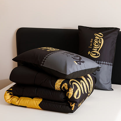 Comforter Set 3-Piece – Soft Breathable Quilt with 2 Pillowcases, Black Grey Color Block Crown Letter Print, Twin Full Queen King, 180GSM Bedroom Bedding Set