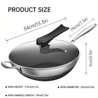 Stainless Steel Wok 13.3 Inch Honeycomb Non-Stick with Lid Spatula & Pot Brush – All Cooktop Compatible Stir Fry Pan | Induction Gas Electric Ceramic | Complete Kitchen Wok Set Cooking Accessories