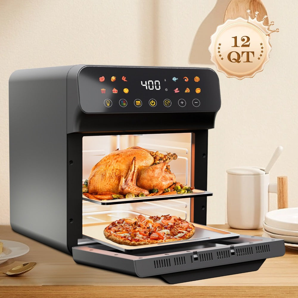 Air Fryer Convection Oven 12QT – 12-in-1 Multi-Function, Touchscreen, Visible Window, Oil-Free Non-Stick Basket, One-Touch Operation, Baking, Roasting, Dehydrating & Fast Cooking