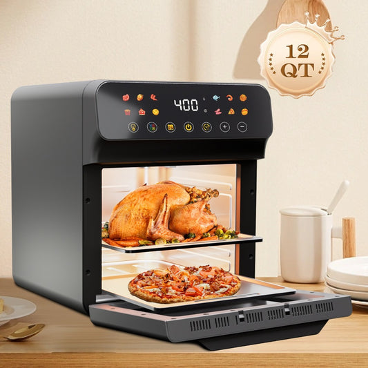 Air Fryer Convection Oven 12QT – 12-in-1 Multi-Function, Touchscreen, Visible Window, Oil-Free Non-Stick Basket, One-Touch Operation, Baking, Roasting, Dehydrating & Fast Cooking