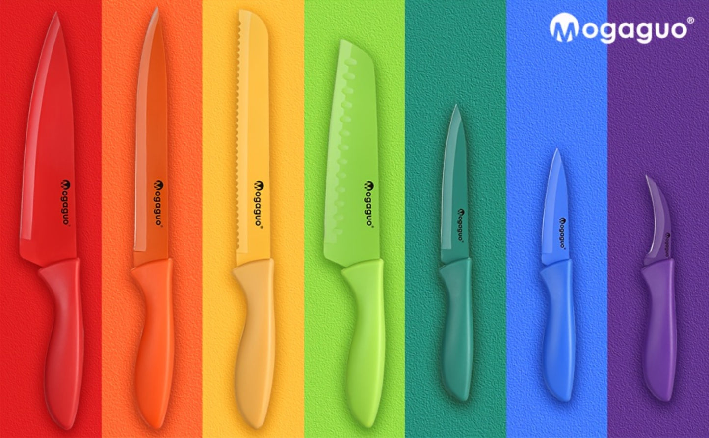 Rainbow Kitchen Knife Set 14pcs – 7 Sharp Stainless Steel Knives with 7 Blade Guards, Dishwasher Safe, Non-Stick Professional Chef Knife Set with Sheaths