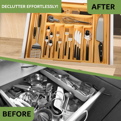 Bamboo Drawer Organizer Expandable Utensil Tray | Adjustable Silverware Organizer for Kitchen Drawers | 5 or 9 Compartments Cutlery Divider for Fork Spoon Knife Kitchen Tools