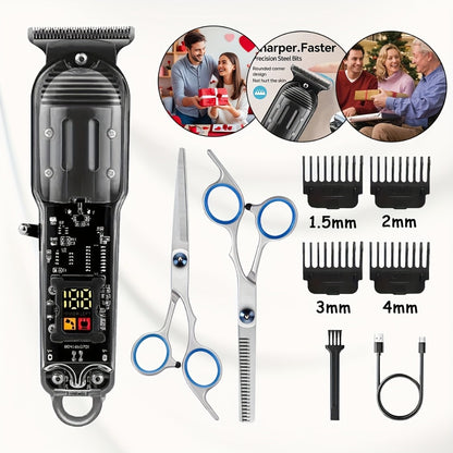 Professional Hair Cutting Kit for Men - Transparent USB Rechargeable Hair Clipper with LCD Display, T-Blade Trimmer, Electric Shaver, 4 Guide Combs & Cleaning Brush - Home Barber Grooming Gift Set