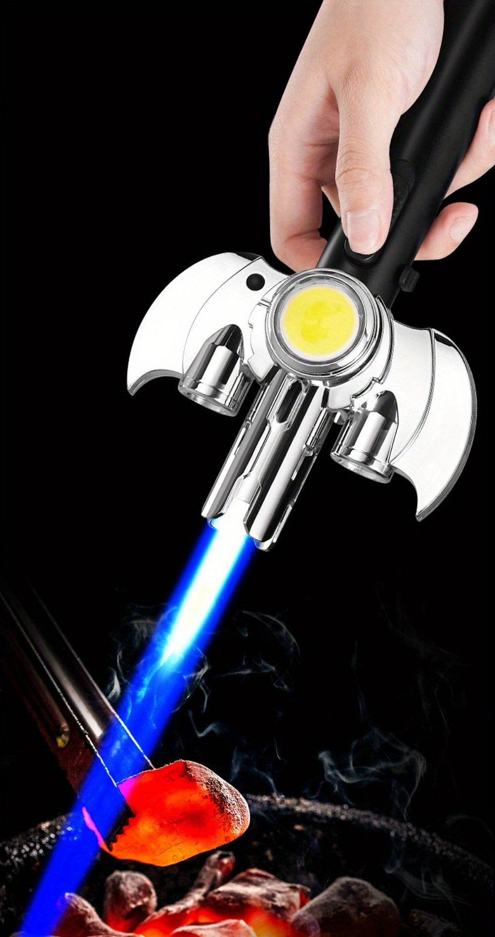Torch Lighter Metal Jet Flame, Large Windproof Butane Torch with COB Light, High-Power Refillable Flamethrower for Barbecue, Baking, Camping, Moxibustion & Outdoor Use – Black & Silver (Butane Not Included)