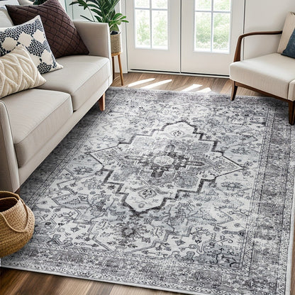 Bohemian Area Rug Ultra-Soft Non-Slip Washable Retro Foldable Carpet for Living Room Bedroom in Beige and Grey Multiple Sizes
