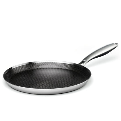 Stainless Steel Crepe Pan 11 Inch Dual Honeycomb Non-Stick PFOA-Free with Lid – Triply Steel Pancake Griddle for Tortillas | Induction Gas Electric Ceramic Compatible Home Camping BBQ Cookware
